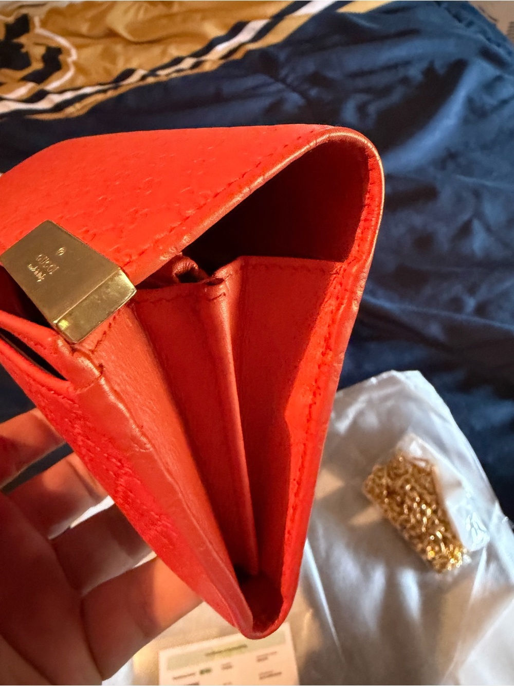 Gucci Red Leather Embossed Flap Clutch with Gold Chain - Picture 5 of 5